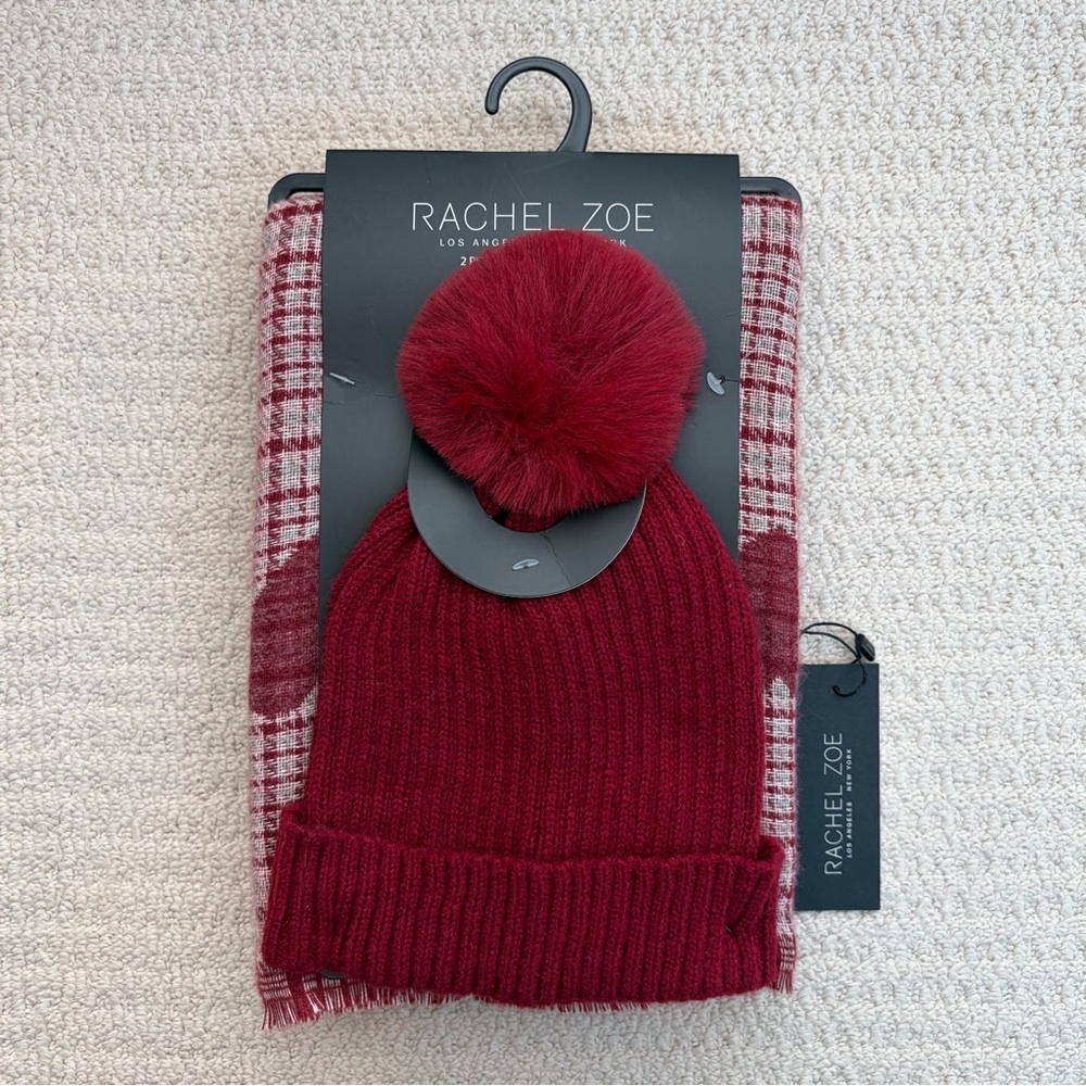 Rachel Zoe Dark Red Beanie and Heart Patterned Plaid Scarf Set